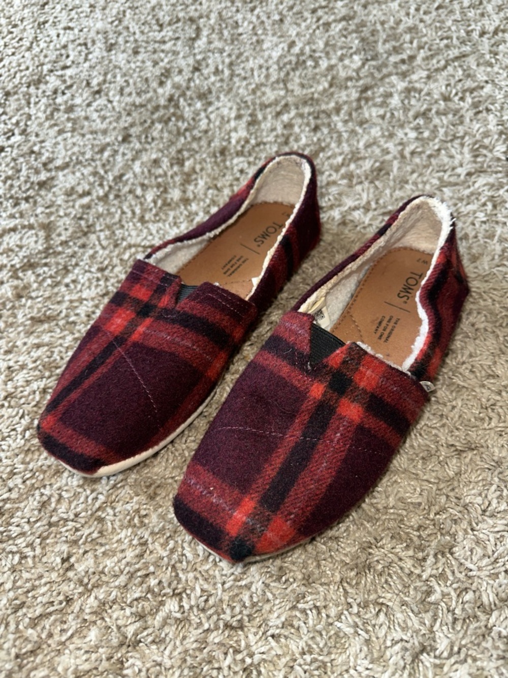 TOMS Burgundy and Red Plaid Slip-On Shoes